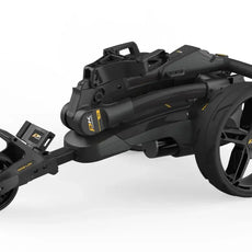 Schwarz zusammengeklappter E-Trolley für Golfbags mit großen Rädern, modernes Design