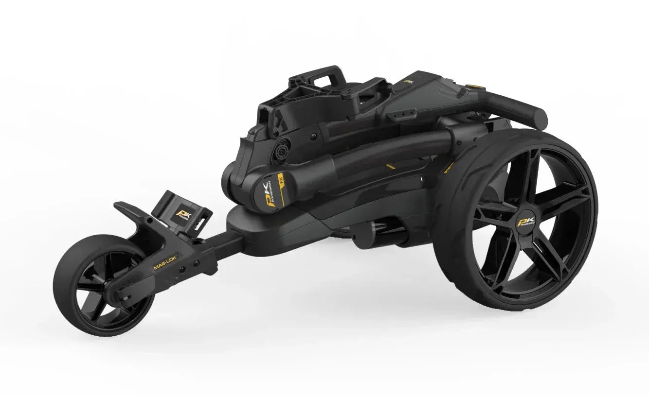 Schwarz zusammengeklappter E-Trolley für Golfbags mit großen Rädern, modernes Design