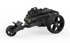 Schwarz zusammengeklappter E-Trolley für Golfbags mit großen Rädern, modernes Design