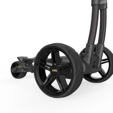 Schwarze PK PowerKaddy Hinterräder für Golf Trolley, Detailansicht auf weißem Hintergrund
