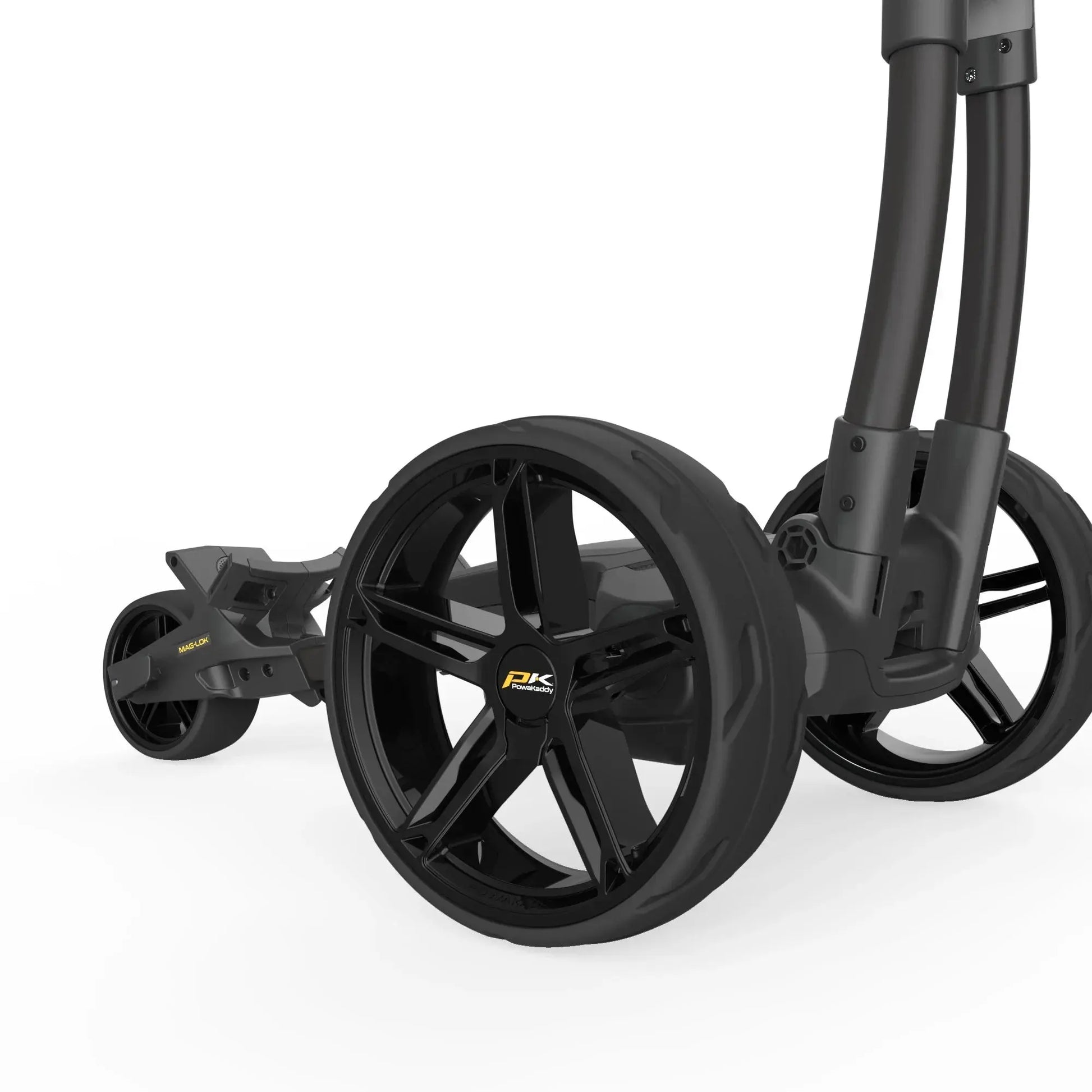 Schwarze PK PowerKaddy Hinterräder für Golf Trolley, Detailansicht auf weißem Hintergrund