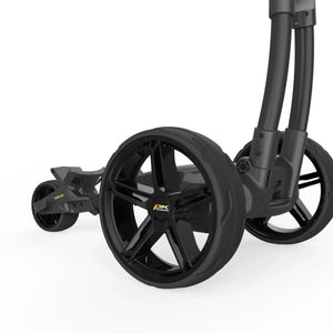Schwarze PK PowerKaddy Hinterräder für Golf Trolley, Detailansicht auf weißem Hintergrund