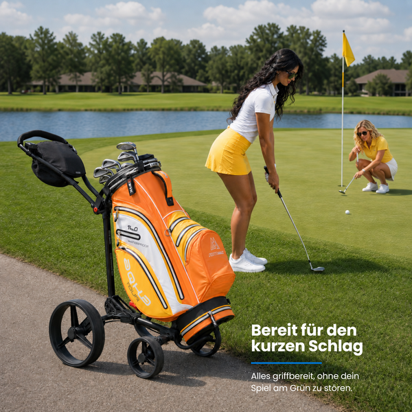 Big Max Blade Quattro 4-Rad Push Trolley mit orangefarbenem Golfbag am Platz.