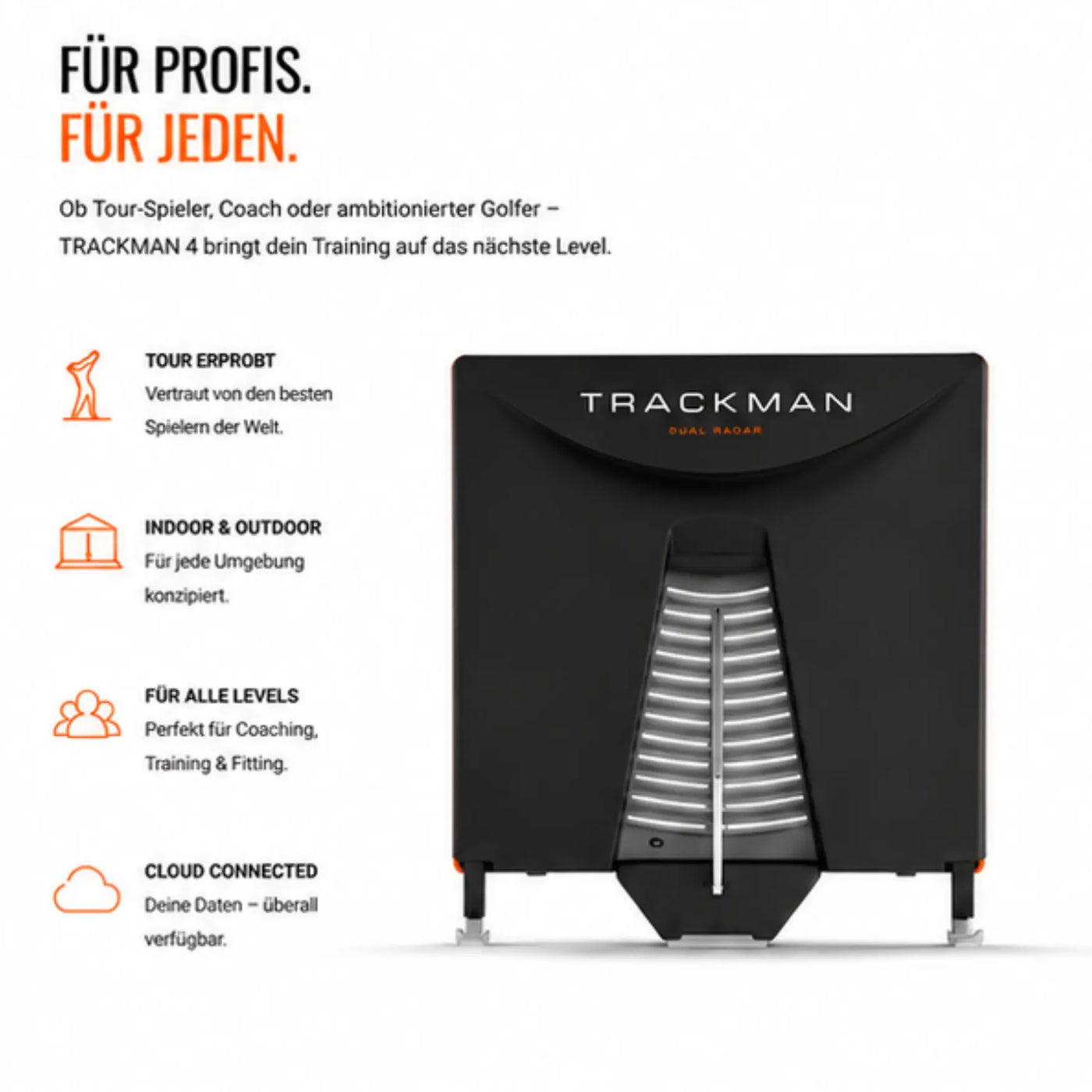 TrackMan 4 Golf Launch Monitor – Schwarzes Radar-Analyseystem, Frontansicht freigestellt