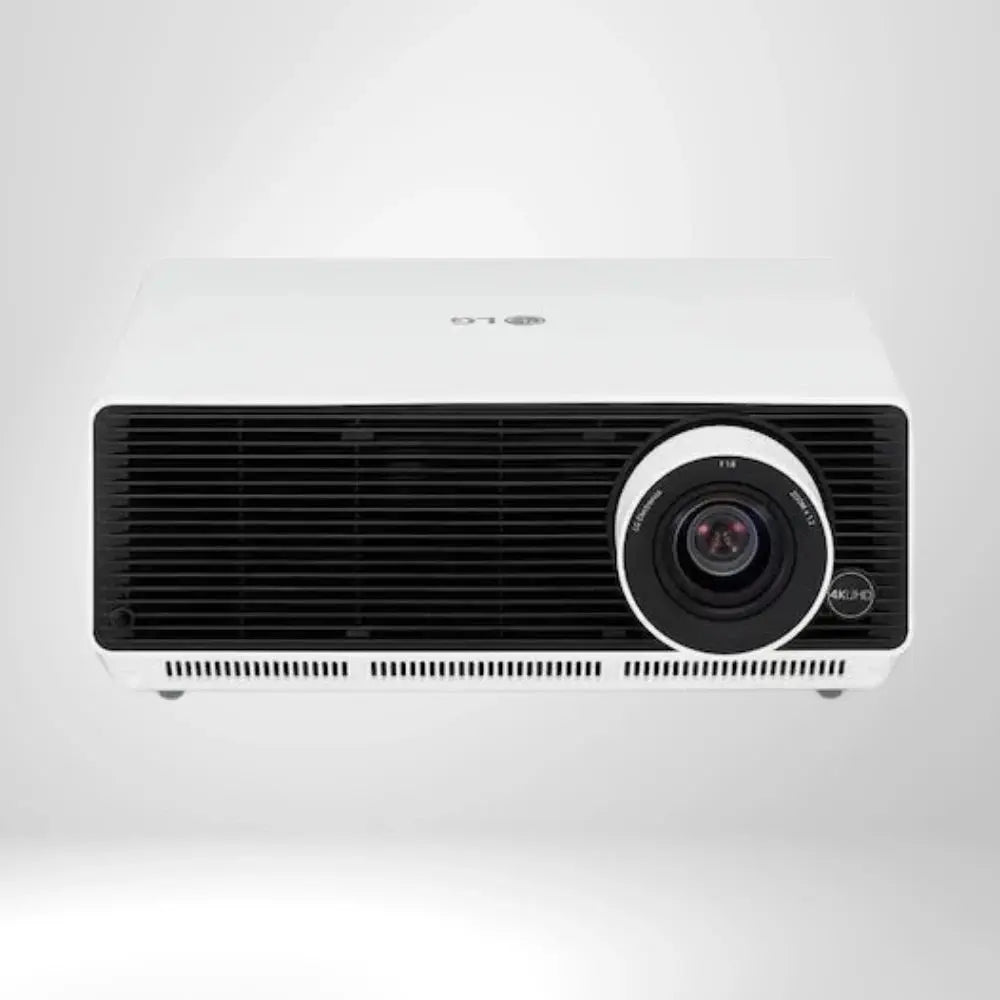 Moderner weißer 4K-UHD-Projektor mit großem Objektiv, ideal für Golf Simulatoren und Indoor Golf