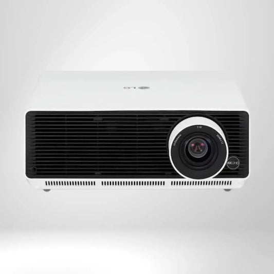 Moderner weißer 4K-UHD-Projektor mit großem Objektiv, ideal für Golf Simulatoren und Indoor Golf