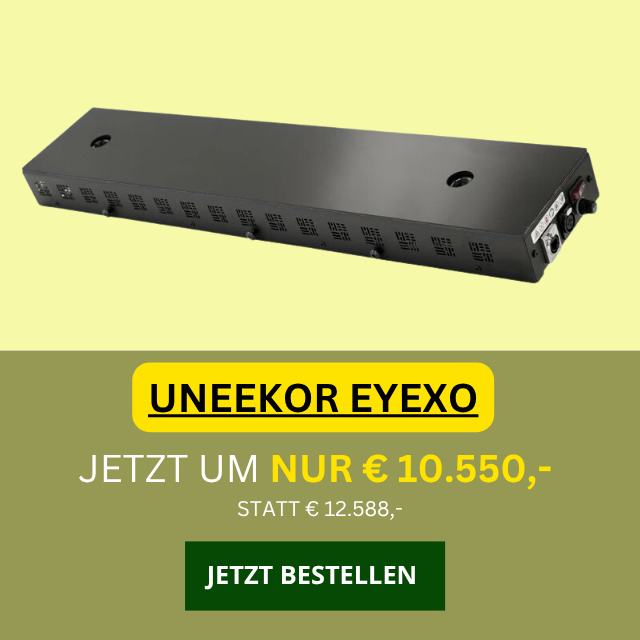 Uneekor EYEXO Golf Launch Monitor, schwarzes Gerät vor gelbem Hintergrund, Angebotspreis sichtbar