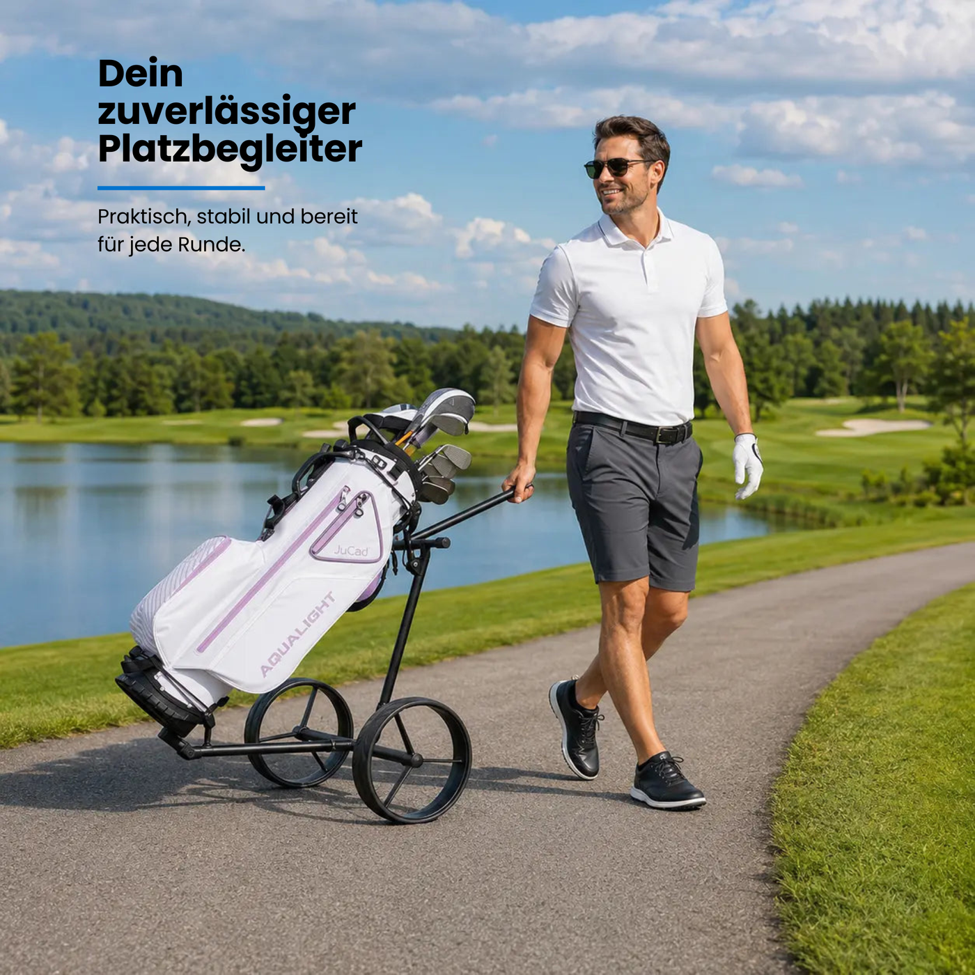 JUCAD CARBON SHADOW - 2rädriger Golf trolley in schwarz-matt für alle Platzbedingungen.