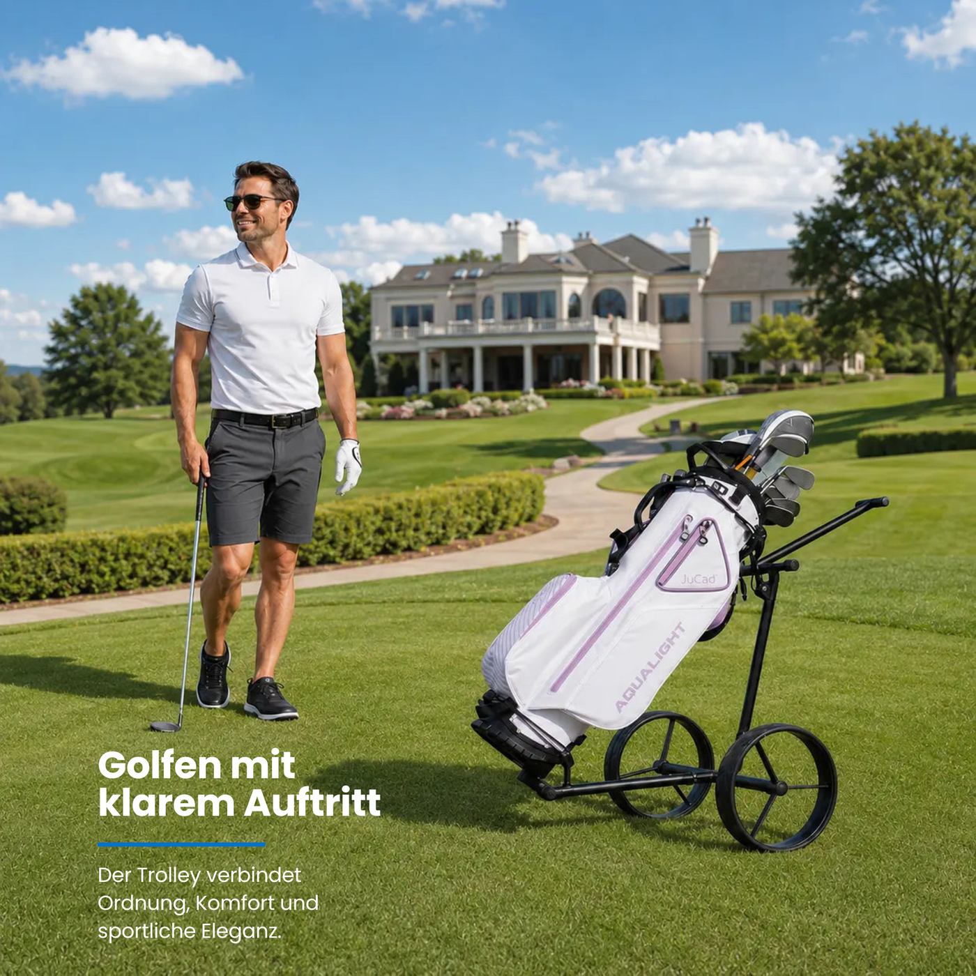JUCAD CARBON SHADOW 2rädriger Trolley in schwarz-matt, im Einsatz auf dem Golfplatz.