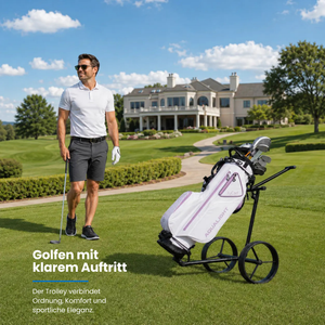 JUCAD CARBON SHADOW 2rädriger Trolley in schwarz-matt, im Einsatz auf dem Golfplatz.