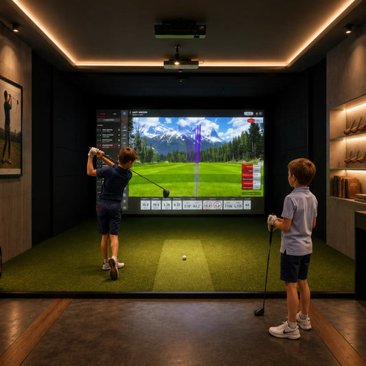 GSK ELITE Swing Dome - Golf-Enclosure mit Golfsimulator in moderner Umgebung.
