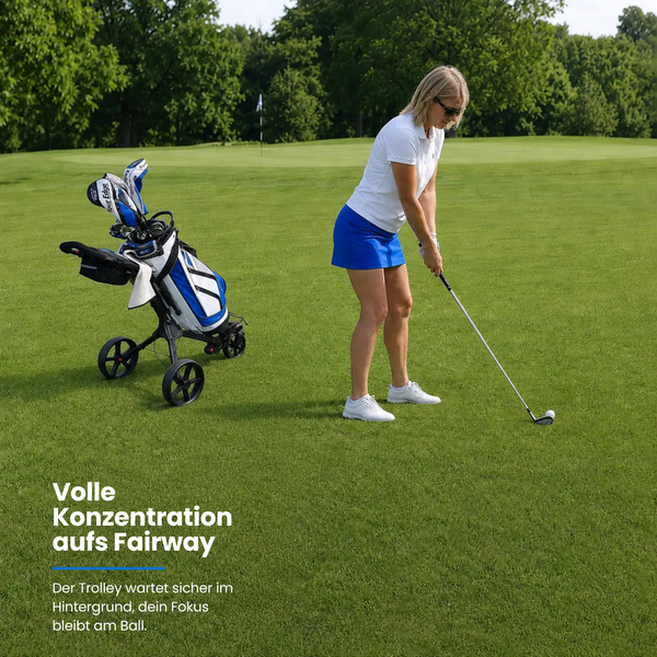 Big Max IQ² 360 - 3 Rad Push Trolley auf einem Golfplatz, ausgestattet mit Golfschlägern.