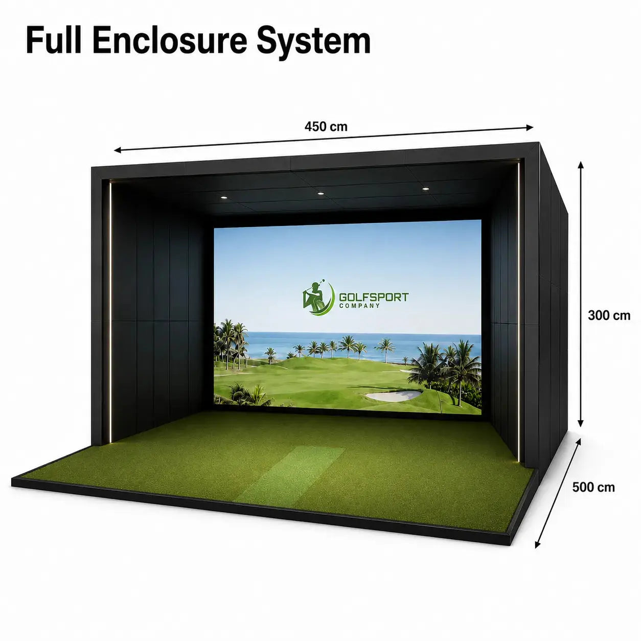 GSK ELITE Protee VX Golf Simulator mit Full Enclosure System, Maße 450 cm x 300 cm x 500 cm, ideal für Heimgebrauch.