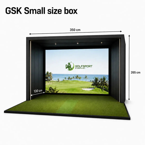 GSK ELITE Uneekor XR Golf Simulator in einer kleinen Box, mit Bildschirm und Rasenbereich.