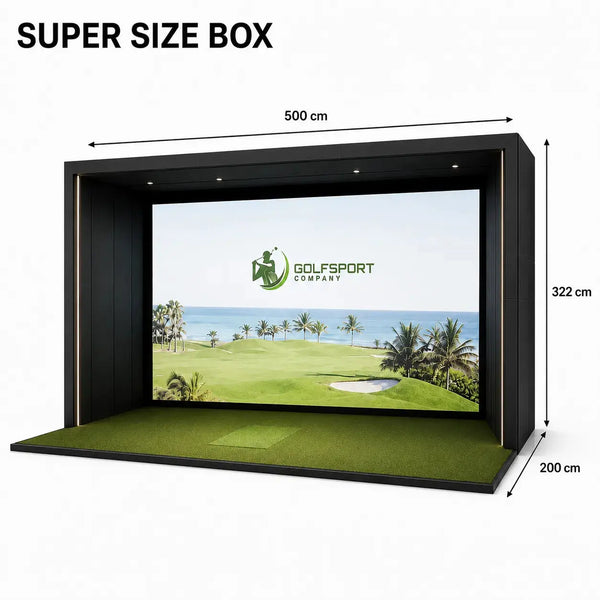 GSK ELITE Protee VX Golf Simulator mit großem Bildschirm und Rasenfläche.
