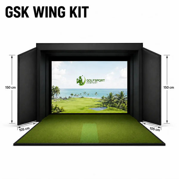 GSK ELITE TRACKMAN Golf Simulator mit aufgestelltem GSK Wing Kit und Bildschirmhintergrund.