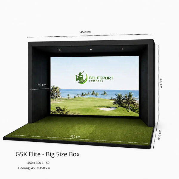 GSK ELITE Protee VX Golf Simulator mit großem Bildschirm und Rasenfläche.