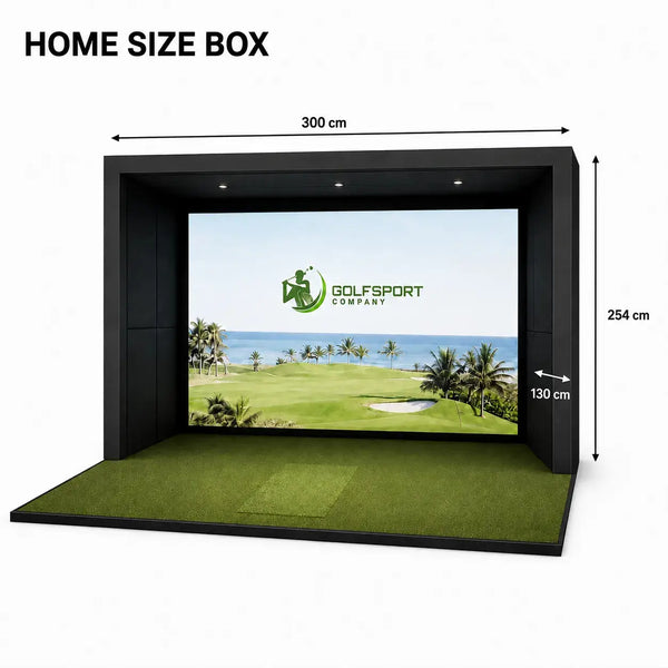 GSK ELITE Protee VX Golf Simulator in einer Home Size Box mit integrierter Leinwand und Rasenfläche.
