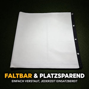 Faltbarer China Impact Screen in weiß mit schwarzen Rändern, platzsparend zu verstauen.