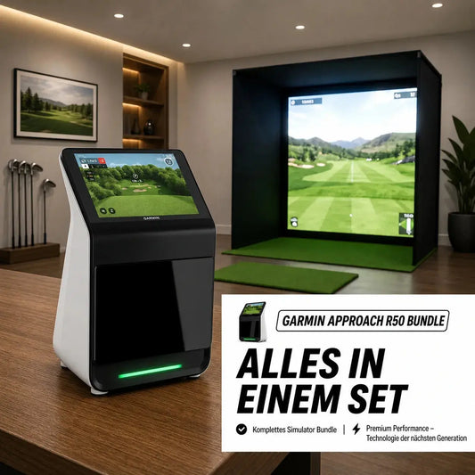 Golfbox x Garmin Approach R50 Bundle mit Simulator und Bildschirm für hochwertige Golferlebnisse.