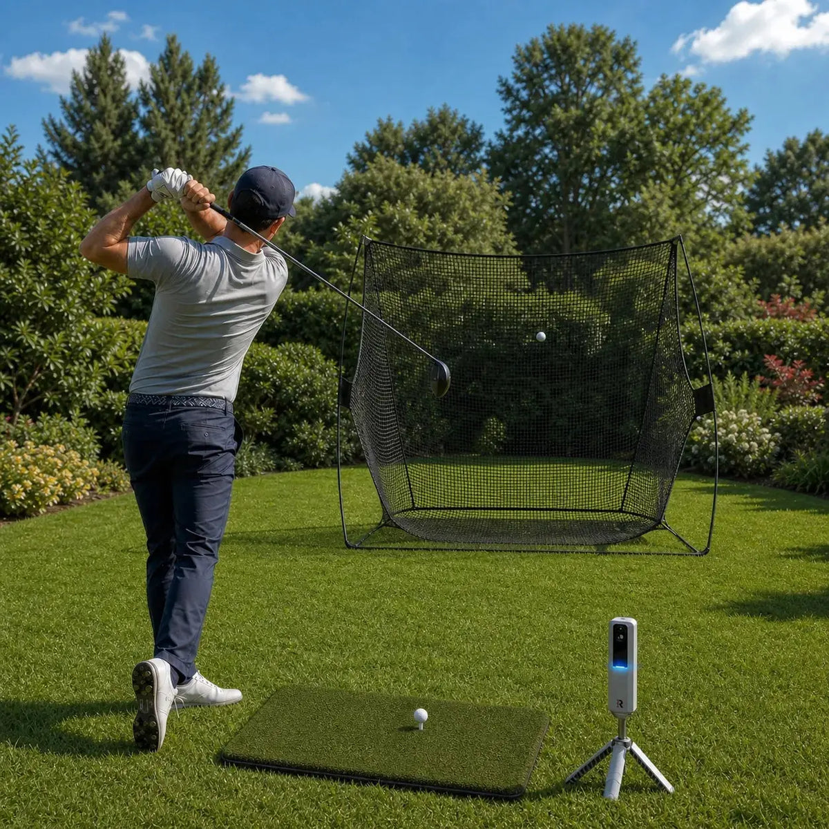 Golfnetz x Rapsodo Bundle mit Golfer beim Abschlag auf einer Rasenfläche.