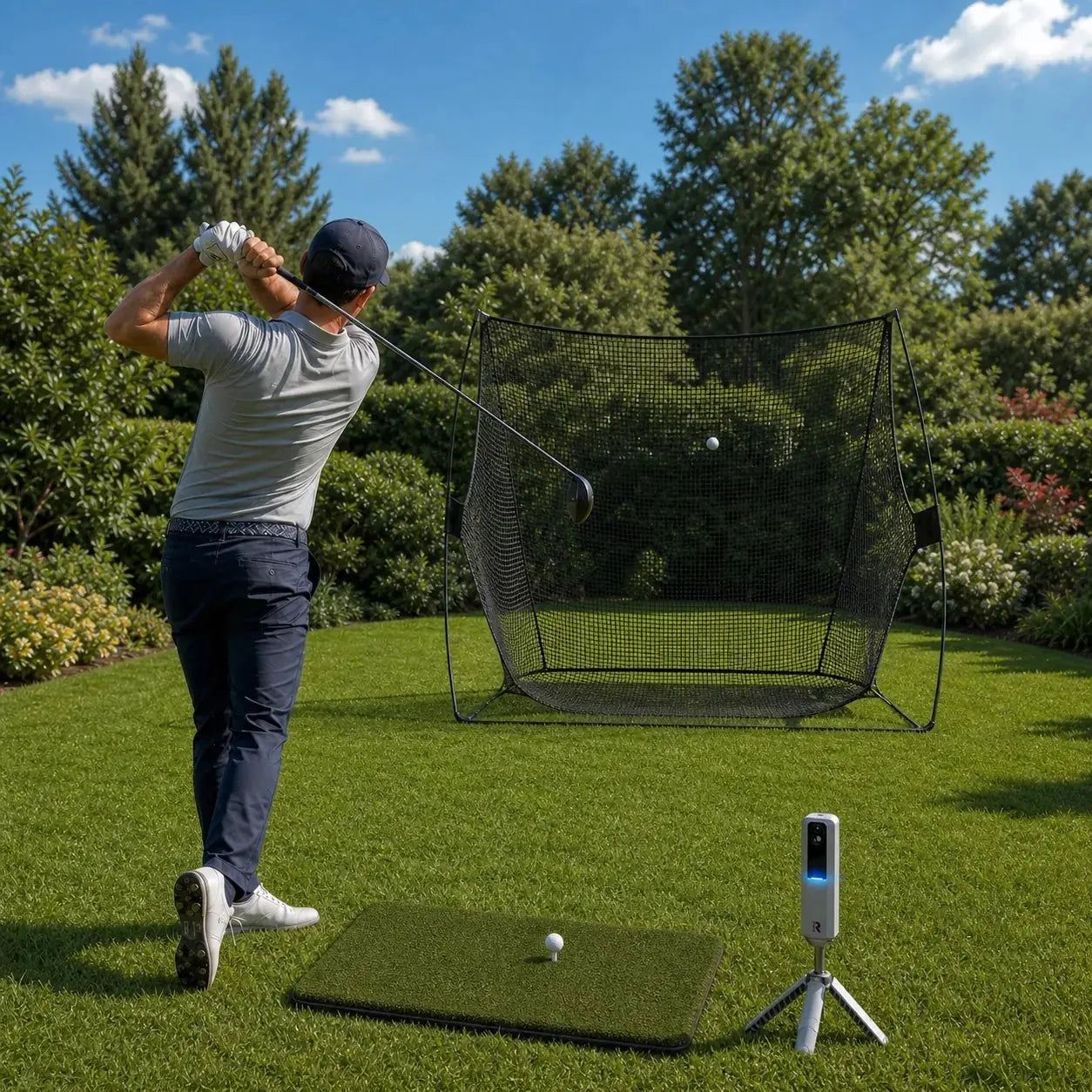 Golfnetz x Rapsodo Bundle mit Golfer beim Abschlag auf einer Rasenfläche.
