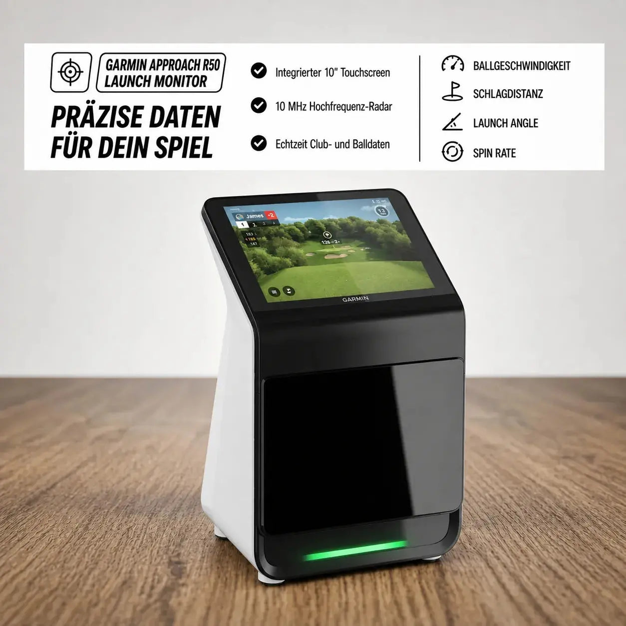 Golfbox x Garmin Approach R50 Bundle mit integriertem 10" Touchscreen und 10 MHz Hochfrequenz-Radar.