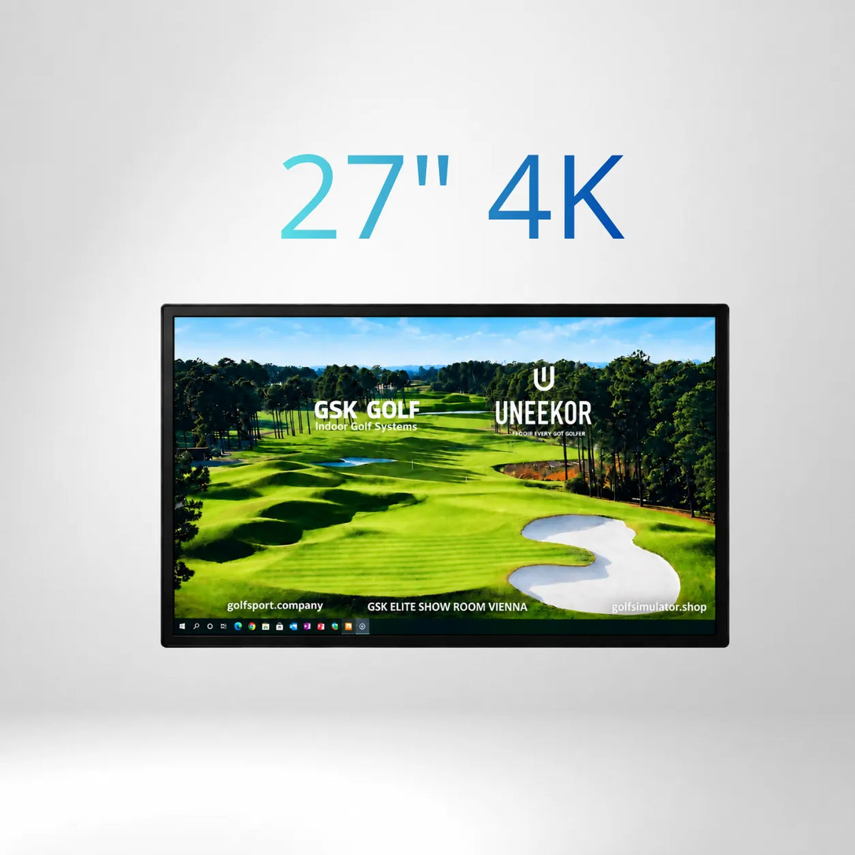 27" 4K UHD Touch Screen LCD für Golf Simulator, Wandmontage, mit Golfplatzmotiv.