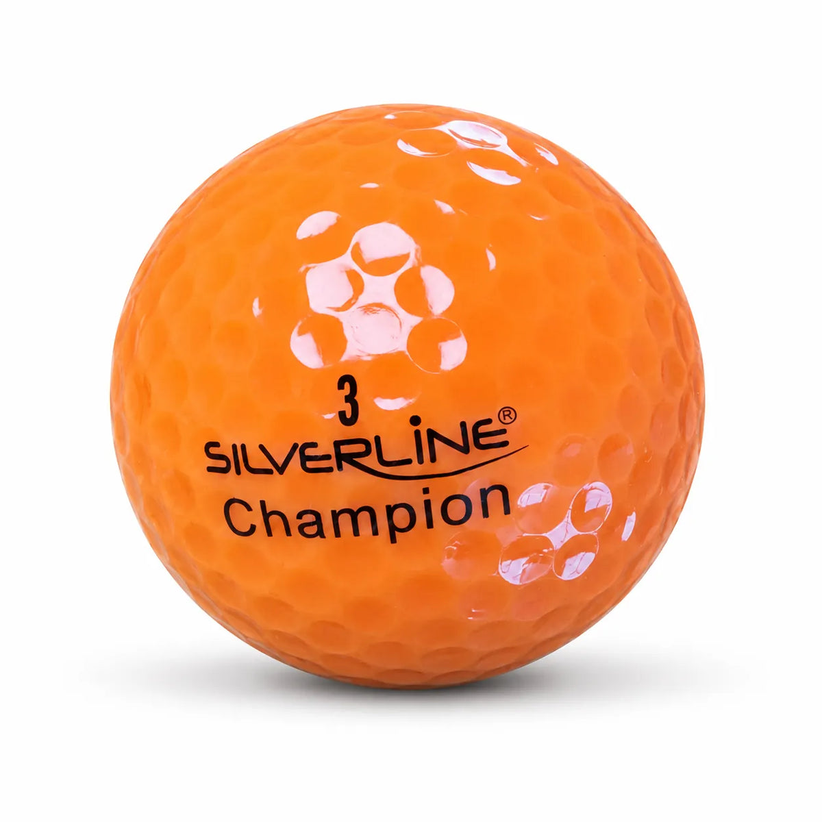 Golfball in orange mit der Aufschrift "Silverline Champion" und der Nummer 3.