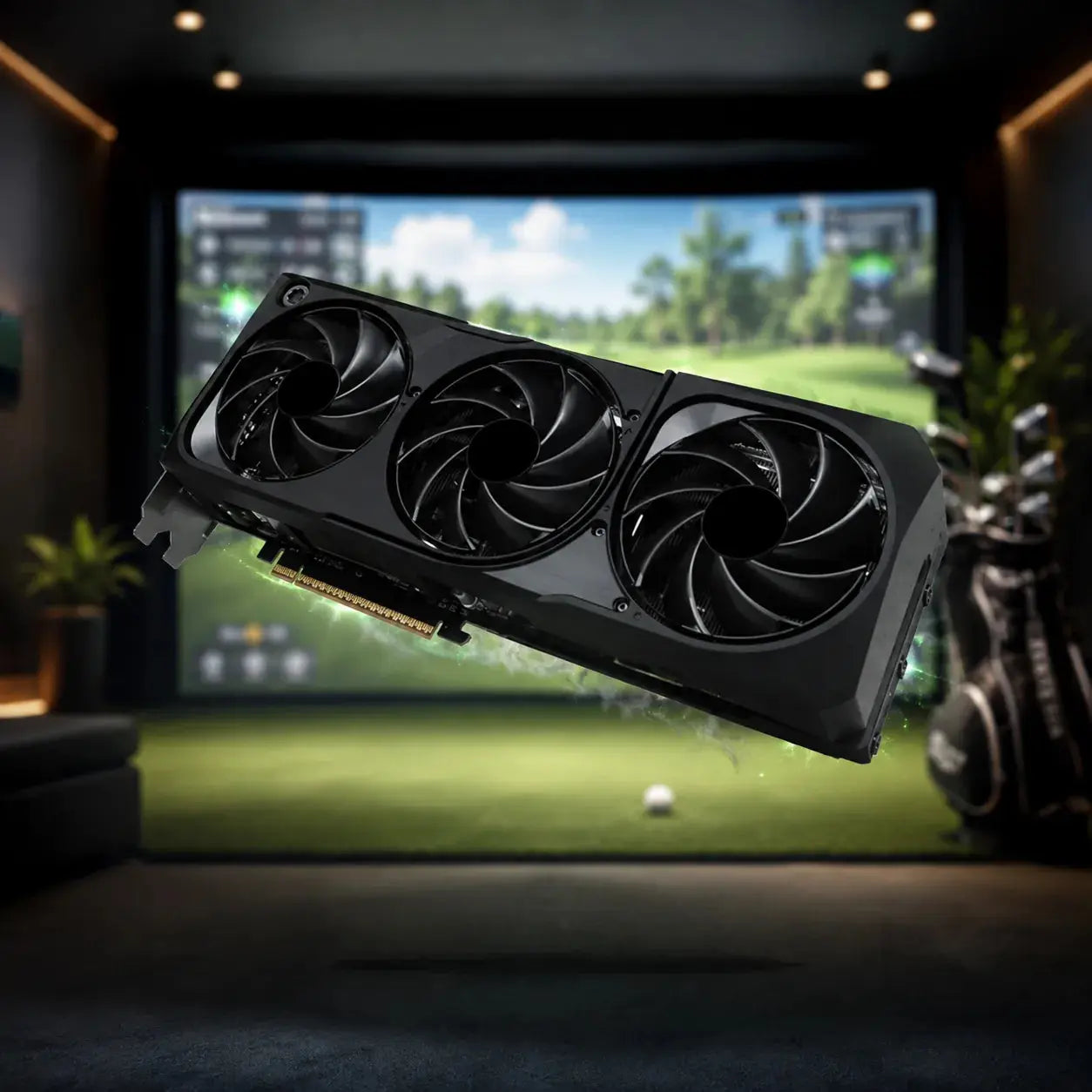 PC-System Golf Simulator 4K UHD mit RTX 5070 Ti Grafikkarte vor Golfplatz-Hintergrund.