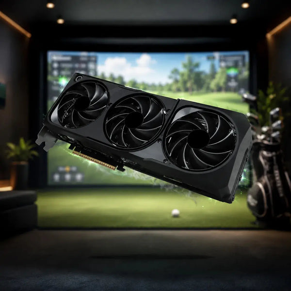 PC-System Golf Simulator 4K UHD mit RTX 5070 Ti Grafikkarte vor Golfplatz-Hintergrund.