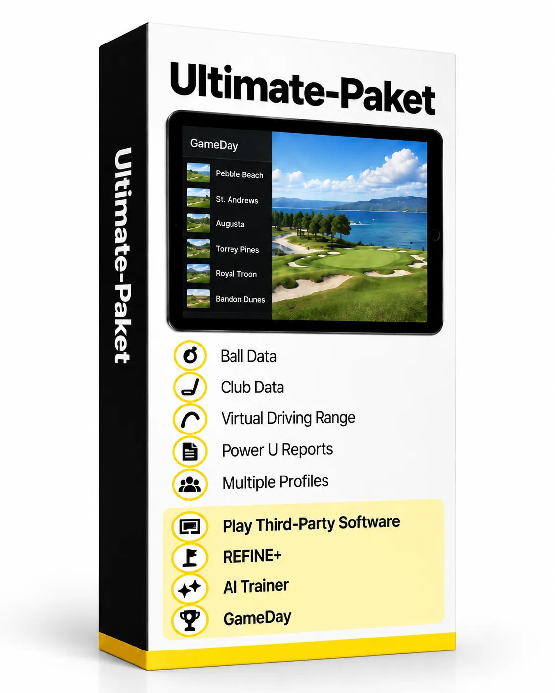 Ultimate-Paket Uneekor Lizenzpaket für Golf-Simulator mit Funktionen wie Balldaten und virtuellem Driving Range.