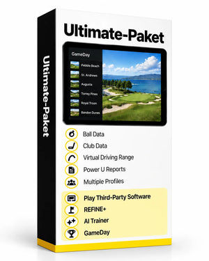 Ultimate-Paket Uneekor Lizenzpaket für Golf-Simulator mit Funktionen wie Balldaten und virtuellem Driving Range.