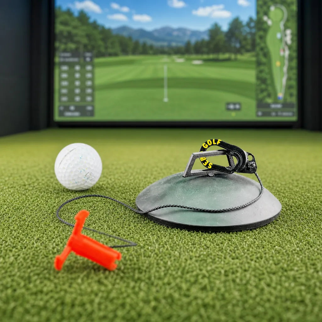 Sebo T Golf Putting Trainer mit Anker und Ball auf Kunstrasen und Display im Hintergrund.