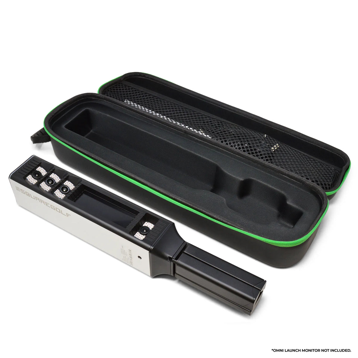 Square Golf Omni Carry Case in schwarzem und grünem Design, geeignet für den Transport von Golfgeräten.