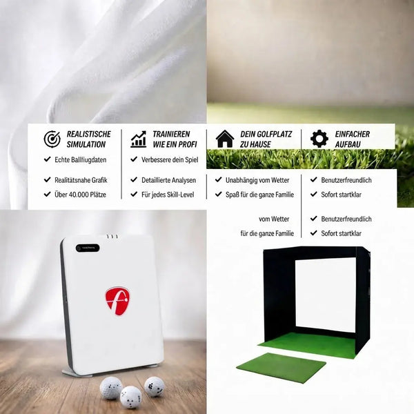 Golfbox x Flightscope Mevo Gen2 Bundle mit realistischer Simulation und einfachem Aufbau für das Training zu Hause.
