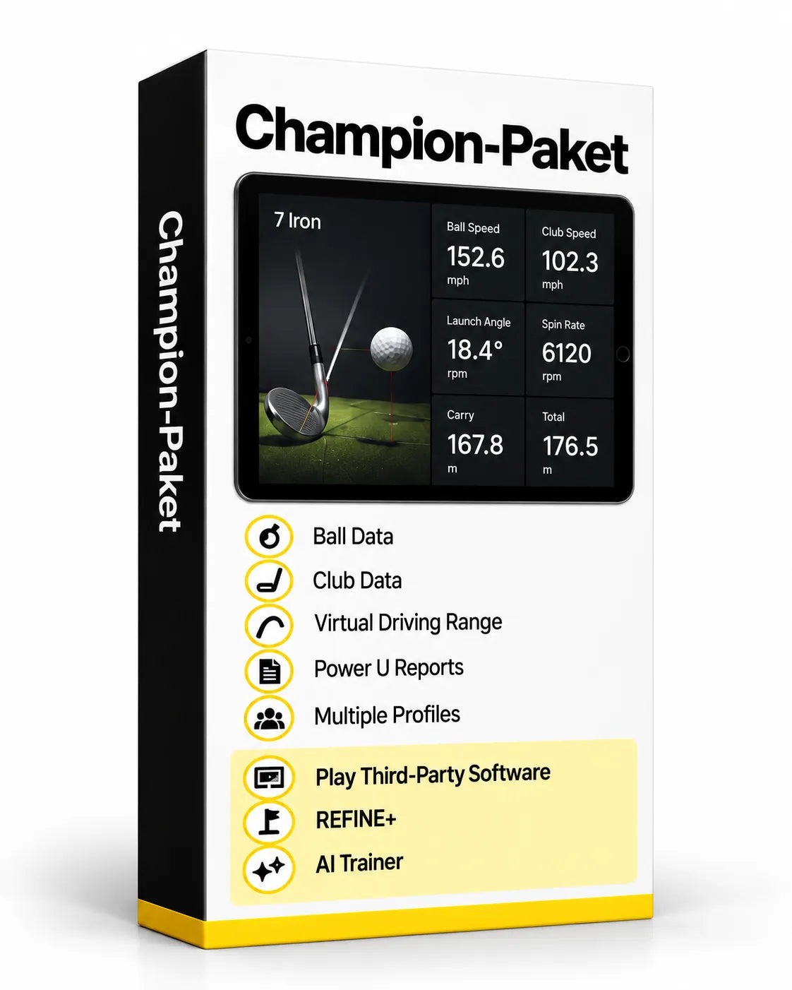 Uneekor Champion-Paket für Golf-Simulator: Balldaten, virtueller Driving Range, REFIN+ und AI Trainer.