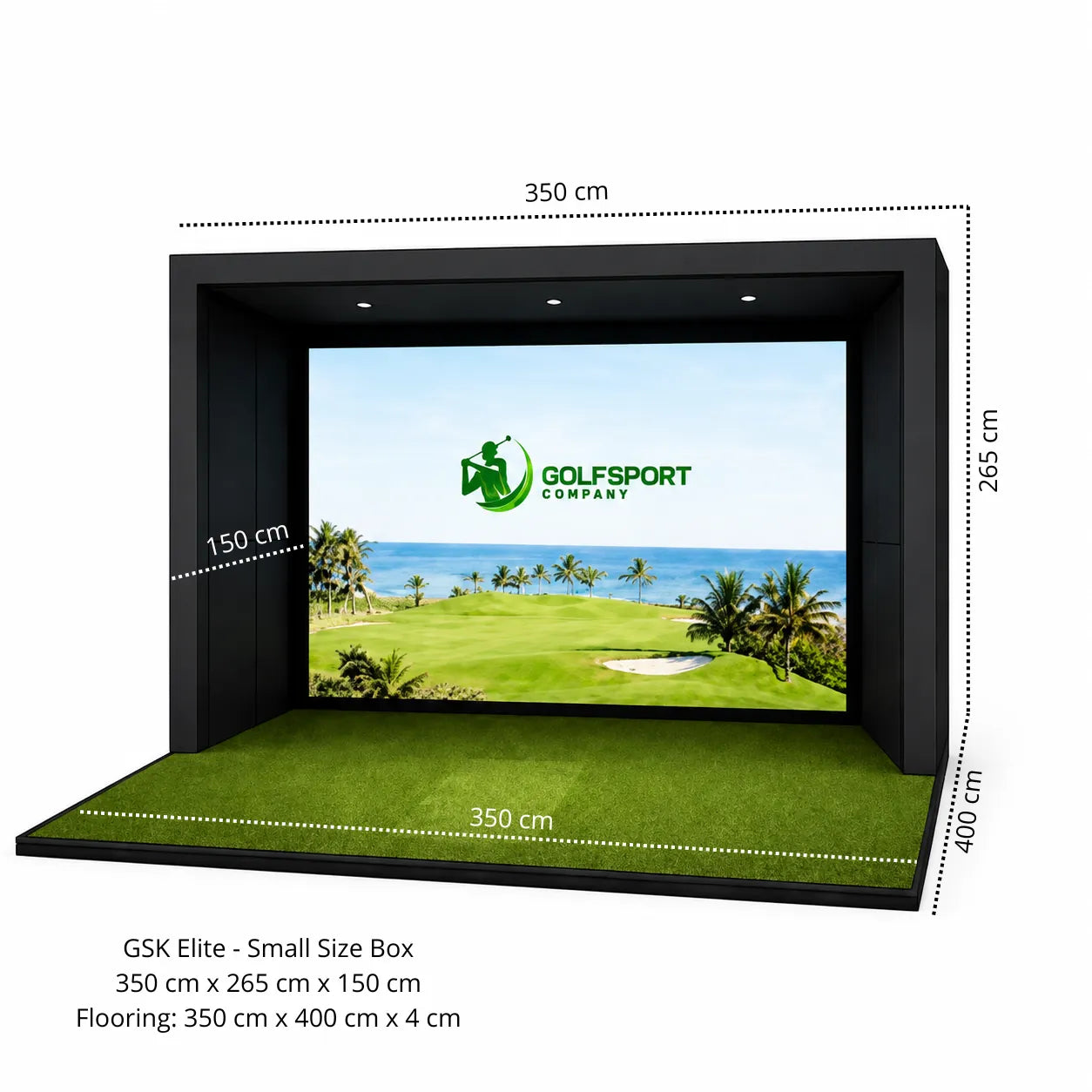 GSK ELITE TRACKMAN Golf Simulator mit großem Bildschirm und Rasenfläche, Abmessungen 350 x 265 x 150 cm.