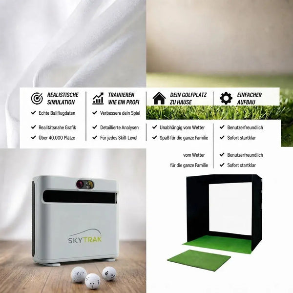 Golfbox x SkyTrak+ Bundle mit realistischer Simulation, Analyse-Features und einfach aufzubauendem Golfplatz.