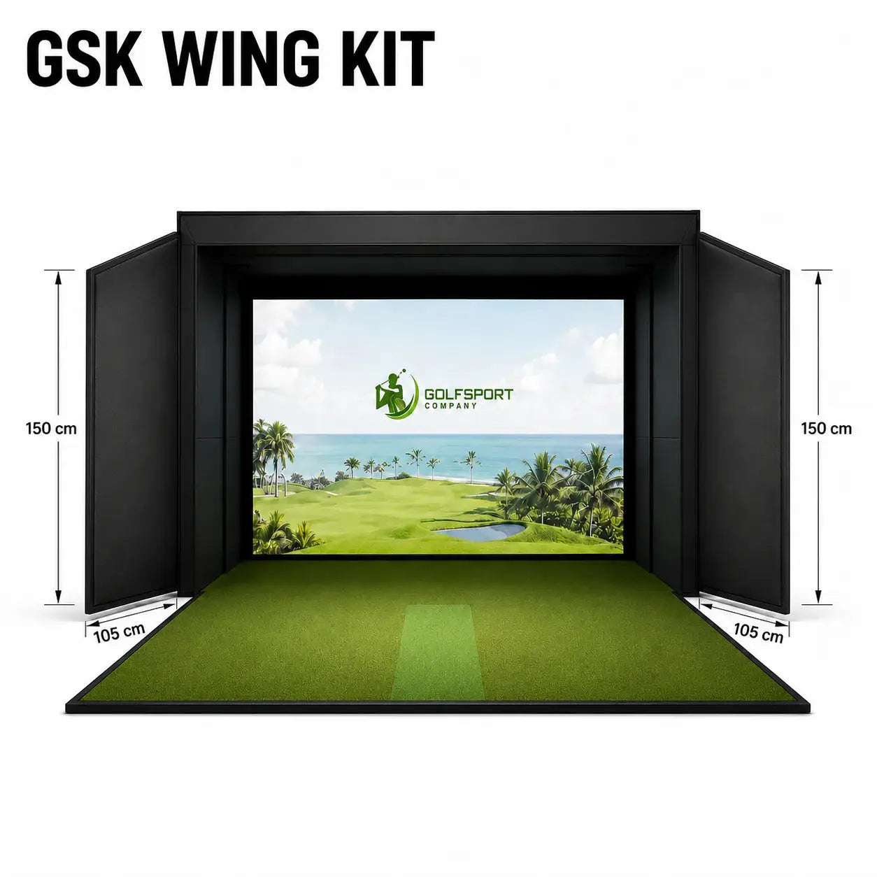 GSK ELITE Protee VX Golf Simulator mit GSK Wing Kit und Golfplatz-Hintergrund.