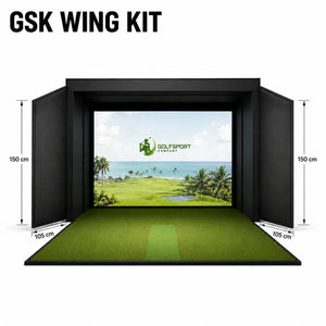 GSK ELITE Protee VX Golf Simulator mit GSK Wing Kit und Golfplatz-Hintergrund.