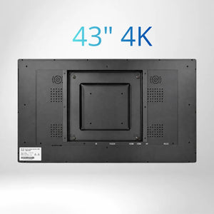 43" 4K UHD Touch Screen LCD, Rückseite mit Montageschrauben für Wandmontage.