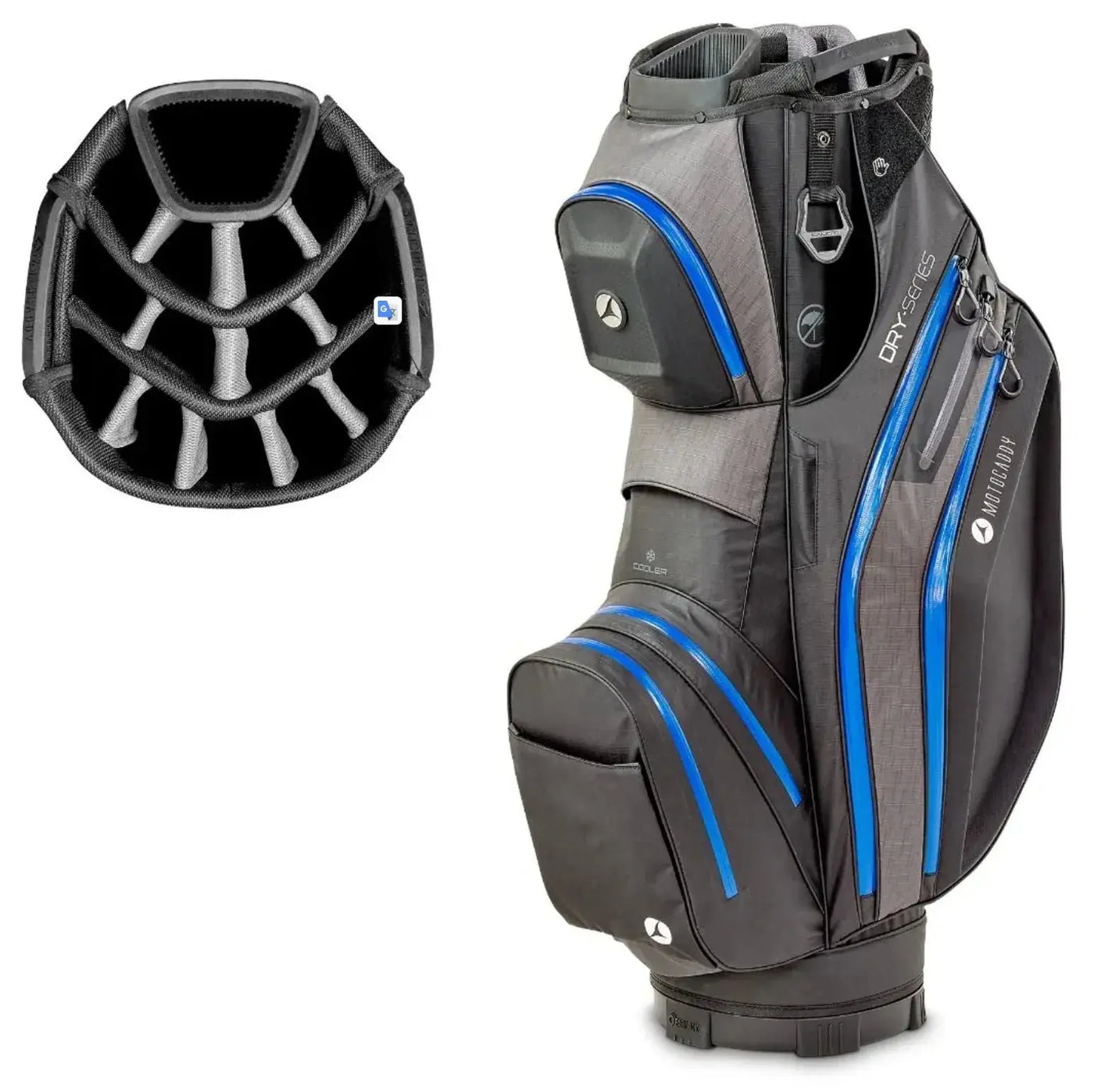 Motocaddy Dry-Series Golf Bag in Schwarz und Grau mit blauen Akzenten und einem abnehmbaren Innenfach.