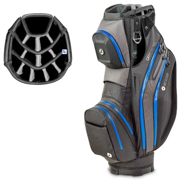 Motocaddy Dry-Series Golf Bag in Schwarz und Grau mit blauen Akzenten und einem abnehmbaren Innenfach.