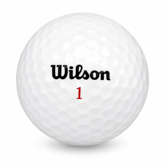 25 Wilson Mix Golfbälle in AAA-Qualität, weiß mit schwarzem Wilson-Logo und roter Nummer 1.