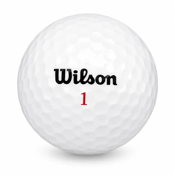 25 Wilson Mix Golfbälle in AAA-Qualität, weiß mit schwarzem Wilson-Logo und roter Nummer 1.