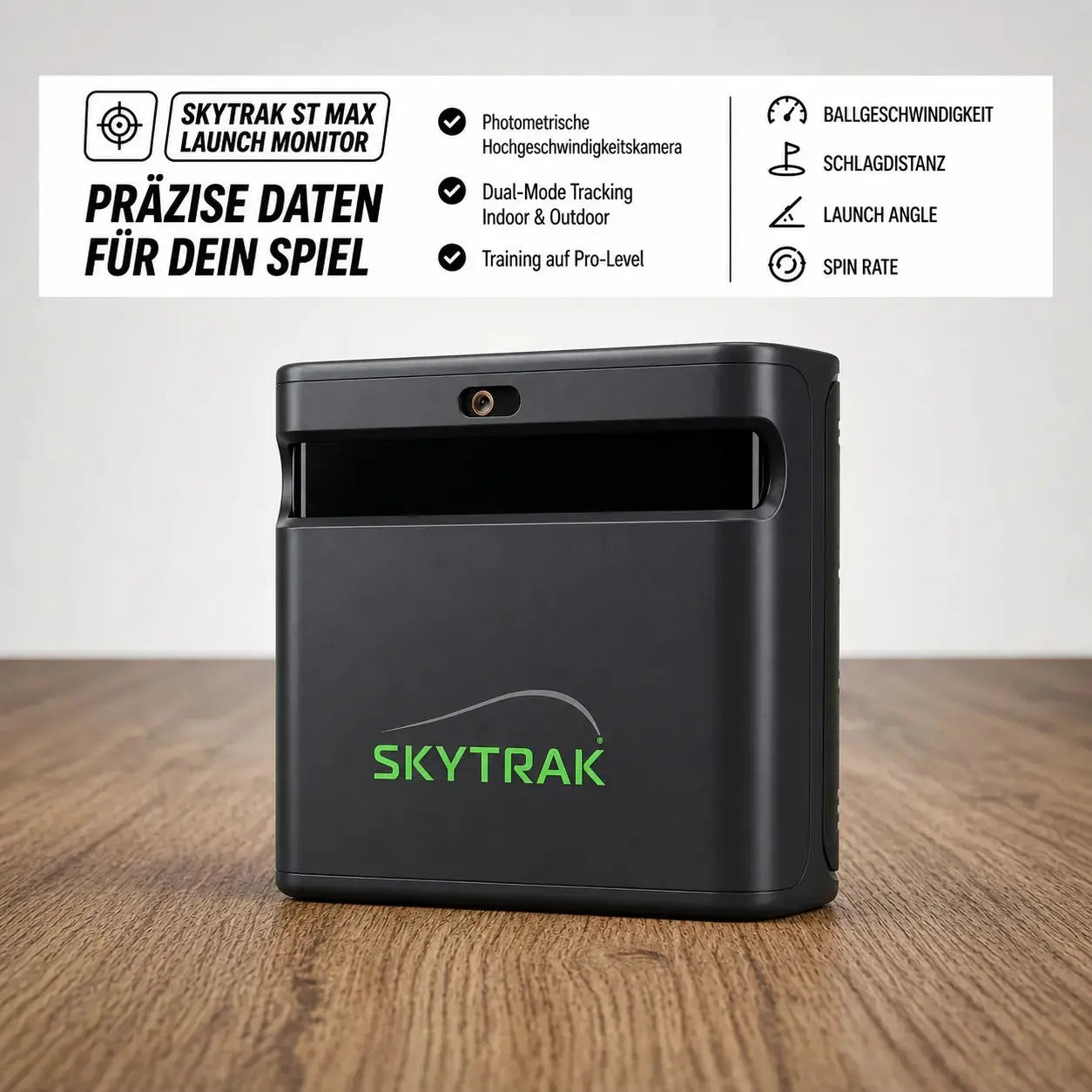 Golfbox x SkyTrak ST MAX Bundle mit Launch Monitor für präzise Daten, inklusive Funktionen wie Ballgeschwindigkeit und Spin Rate.