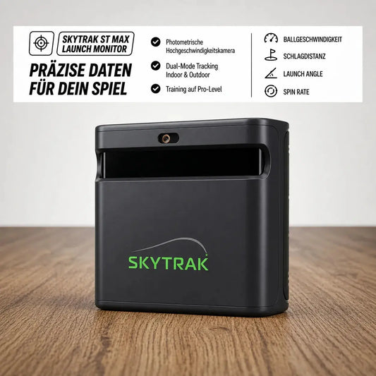 Golfbox x SkyTrak ST MAX Bundle mit Launch Monitor für präzise Daten, inklusive Funktionen wie Ballgeschwindigkeit und Spin Rate.