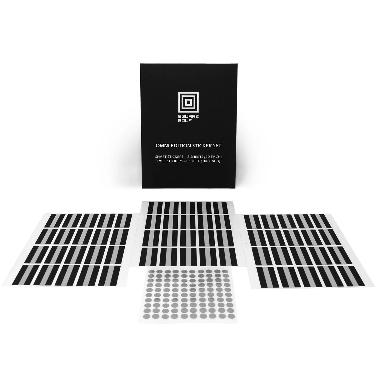 Square Golf Omni Club Sticker Set mit verschiedenen Aufklebern auf 4 Blättern.
