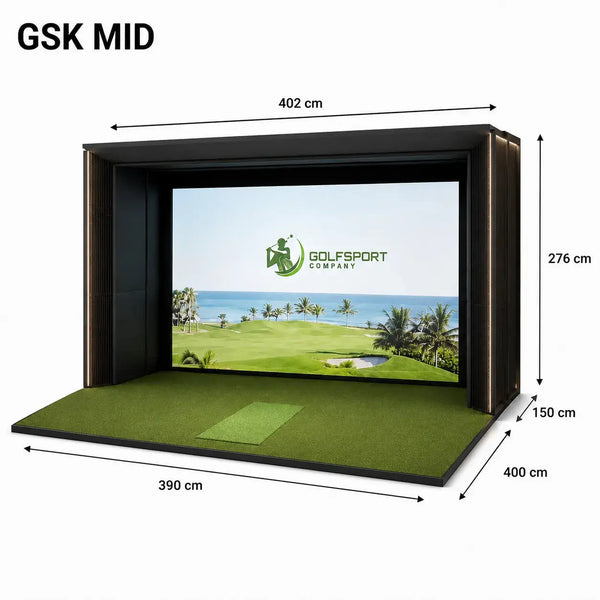 GSK ELITE TRACKMAN Golf Simulator mit großem Bildschirm und einer angegebenen Fläche für Training und Spiele.